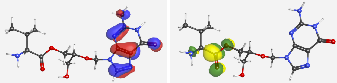 Valgancyclovir’s HOMO (red/blue) and LUMO (yellow/green)